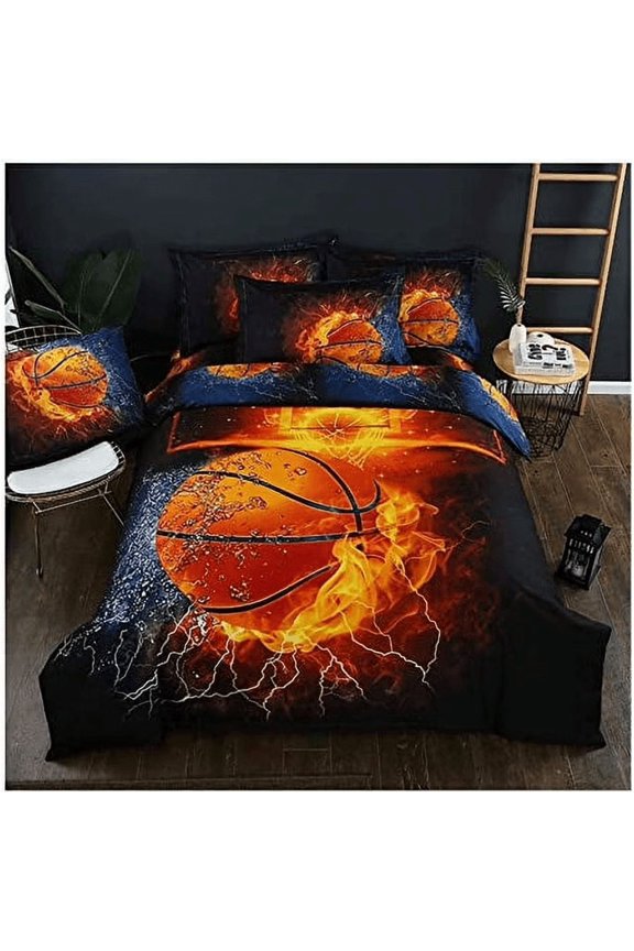3D Sports Fire Basketball Bedding Set for Boys & Teens - Twin Size 66x90 Inch, 3PC (Duvet Cover + 2 Pillow Shams) - Cool Athletic Teen Room Decor, Gift for Kids
