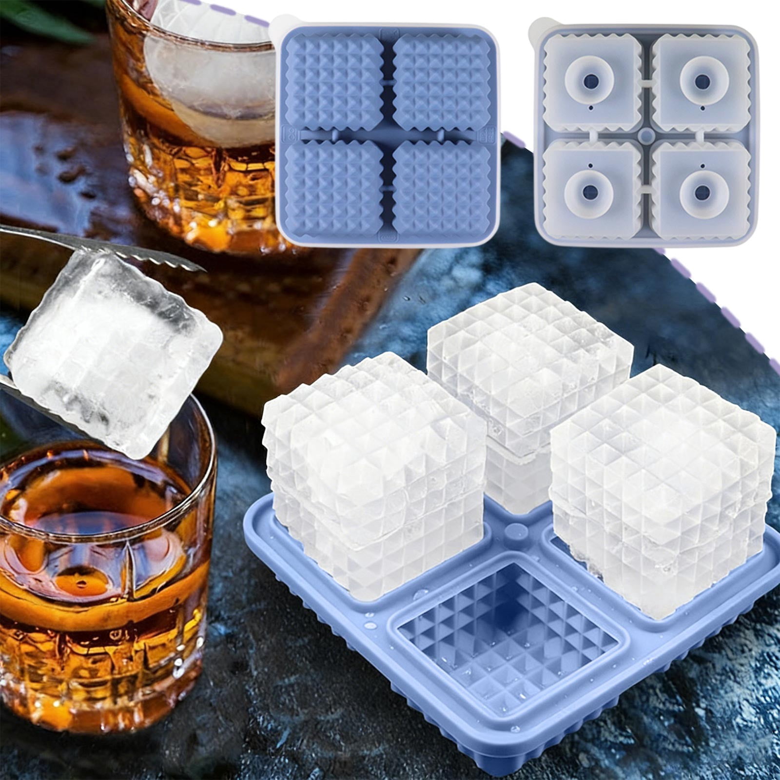 3D Square Ice Cube Tray, Large Square Silicone Fun Shapes Whiskey Ice Mold for Cocktails, Bourbon,Brandy, Whiskey Gifts.(2.2*5.3*5.3 in).Blue