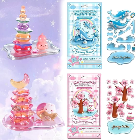 3D Stackable Stickers, Crystal Stacked 3D Building Stickers DIY Cute Mini Scenes, 3D Puffy Cartoon Resin Decorative Stickers Kit for Kids & Adults Desktop Ornaments