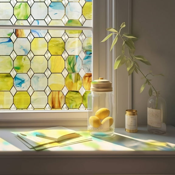 3D Stained Glass Window Film, Decorative Privacy Window Film for Bathroom,Front Door,Home, Sun Blocking Heat Control,Static Cling, Eternal Prism 23.6inch x 35.4inch