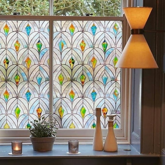 3D Stained Glass Window Film, Decorative Window Privacy Film for Bathroom,Front Door,Home, Sun Blocking Heat Control,Static Cling,Malachite, 23.6inch x 70.8inch