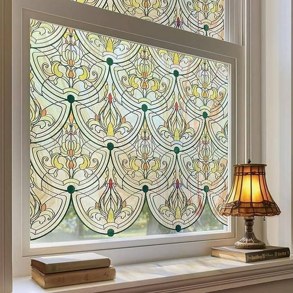 3D Stained Glass Window Film, Decorative Window Privacy Film for Bathroom,Front Door,Home, Sun Blocking Heat Control,Static Cling, Removable Non-Adhesive Golden Ironwork 23.6inch x 35.4inch