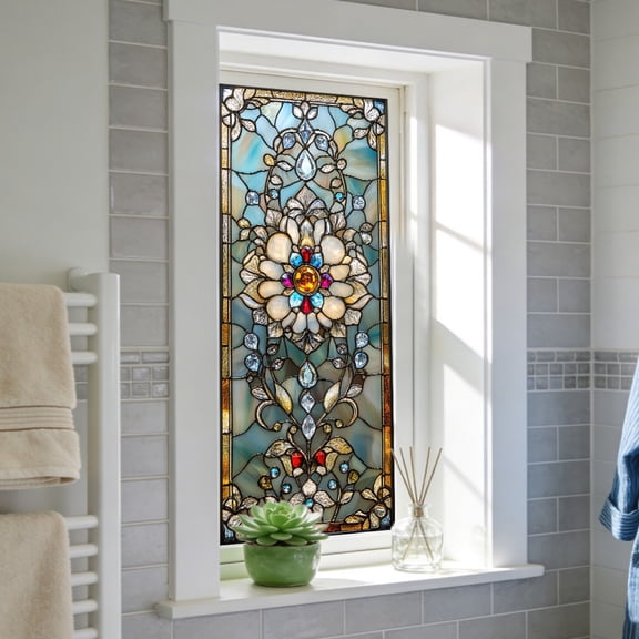 3D Stained Glass Window Film, Geometric Decorative Window Privacy Film for Bathroom,Front Door,Home, Sun Blocking Heat Control,Static Cling, 17.7"x39.4"