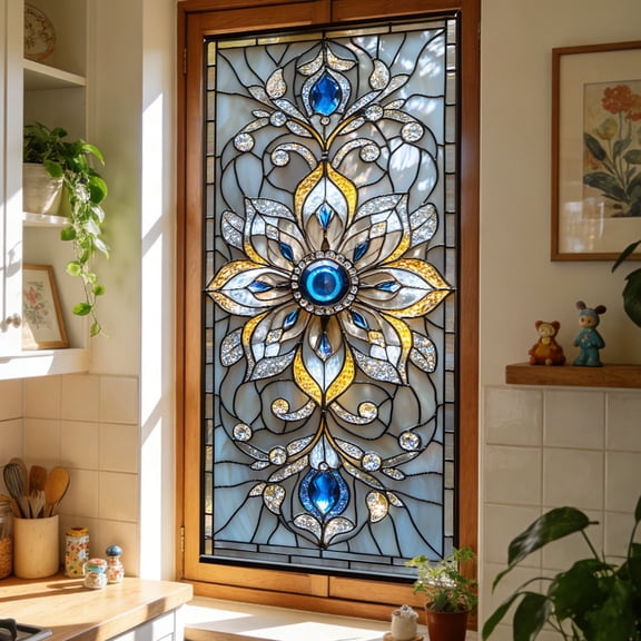 3D Stained Glass Window Film, Geometric Decorative Window Privacy Film for Bathroom,Front Door,Home, Sun Blocking Heat Control,Static Cling, 17.7"x39.4"
