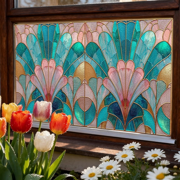 3D Stained Glass Window Film, Geometric Decorative Window Privacy Film for Bathroom,Front Door,Home, Sun Blocking Heat Control,Static Cling, 17.7"x39.4"