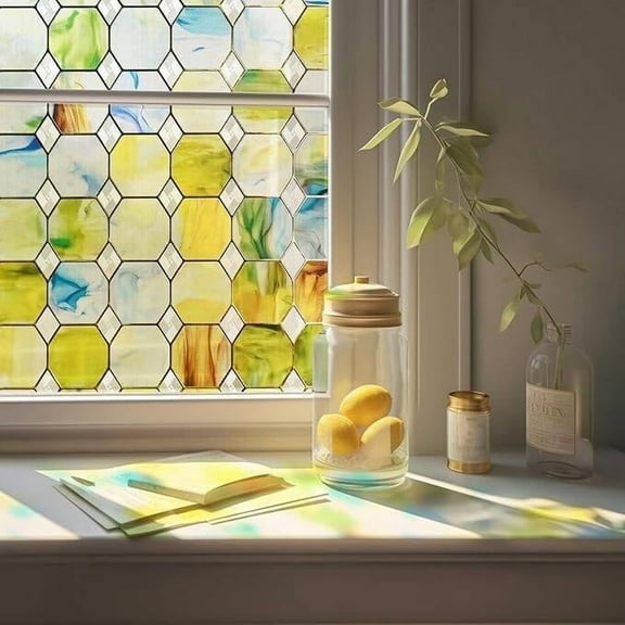 3D Stained Glass Window Privacy Film,Static Cling Removable Window Clings, Heat Control Sun Blocking,Decorative Privacy Window Film for Bathroom,Front Door,Home 23.6" X 70.8"