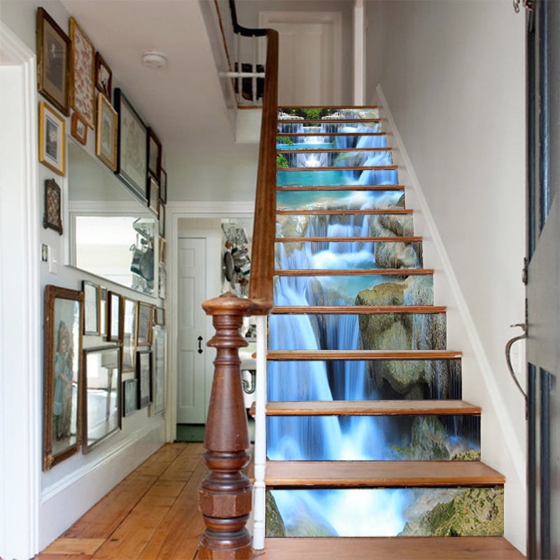 3D Stair Stickers - Landscape wall stickers steps decorative stickers, Removable Tile Decals for Stair Risers - Peel and Stick, Waterfall Design, 39.3Inch x 7.08Inch x 13Pcs