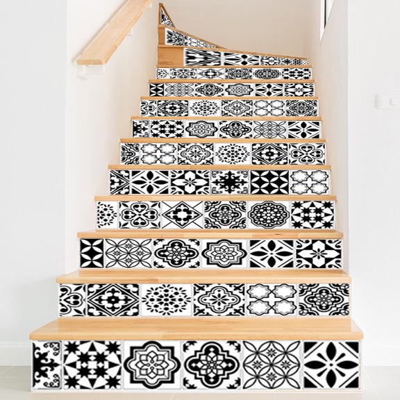 3D Stair Stickers - Removable Tile Decals for Stair Risers, Peel and Stick, 39.3Inch x 7.08Inch,Black and white mosaic pattern wall sticker