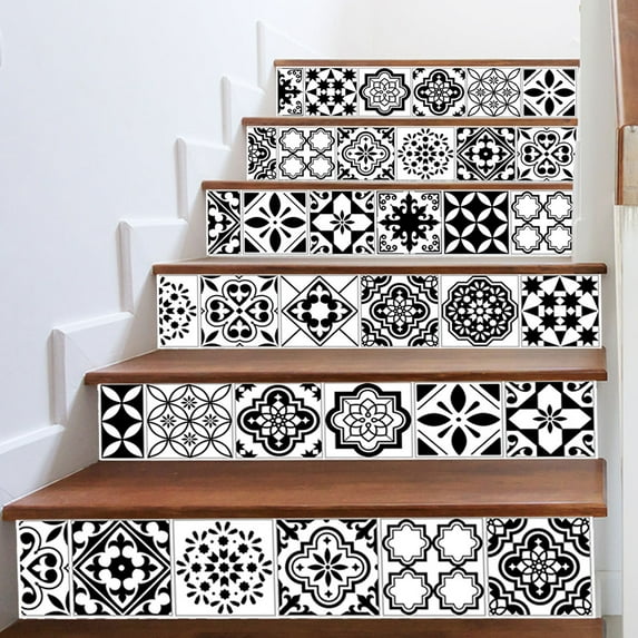 3D Stair Stickers - Removable Tile Decals for Stair Risers, Peel and Stick, 39.3Inch x 7.08Inch,Black and white mosaic pattern wall sticker