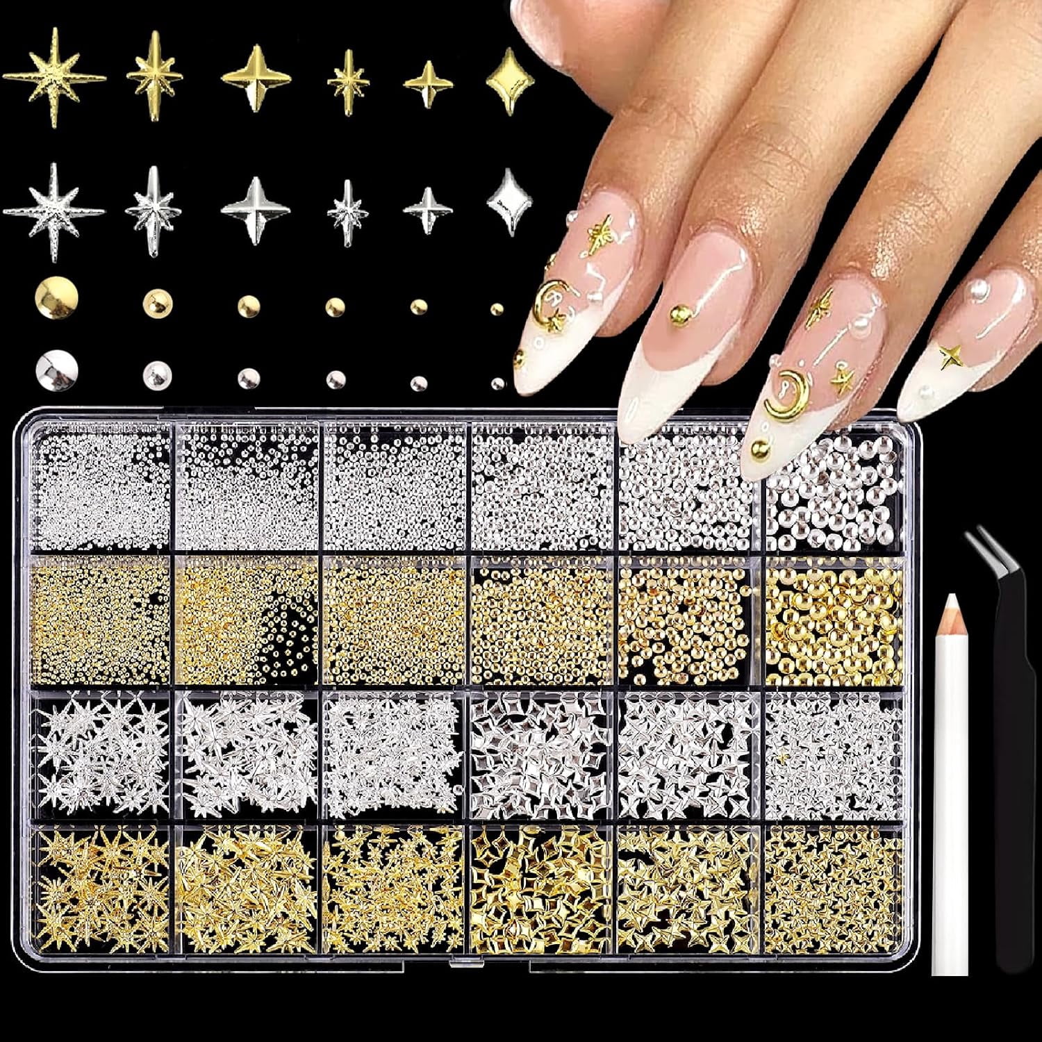 3D Star Nail Charms, Gold & Silver Multi-Shapes Metal Nail Art Gems and ...