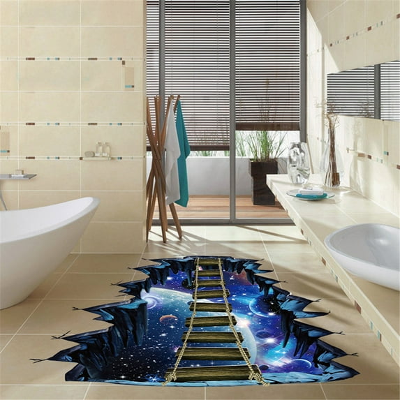 3D Star Series 3D Floor And Wall Sticker Fx96111, Removable Vinyl Art Mural Decals With Cosmic Planet Bridge 3D Design Pvc Material, For Home Room Decor And Interior Decoration