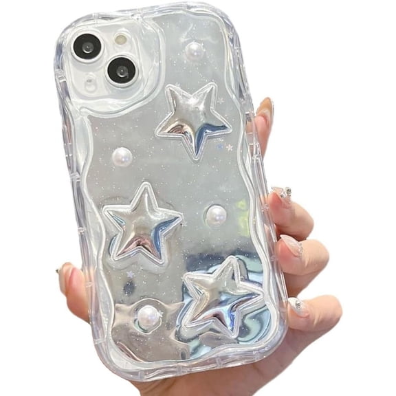3D Stars Pearls Wavy Frame Plating Mirror Phone Case Compatible with iPhone Case for Women Girls (Clear,iPhone 15 Pro Max)