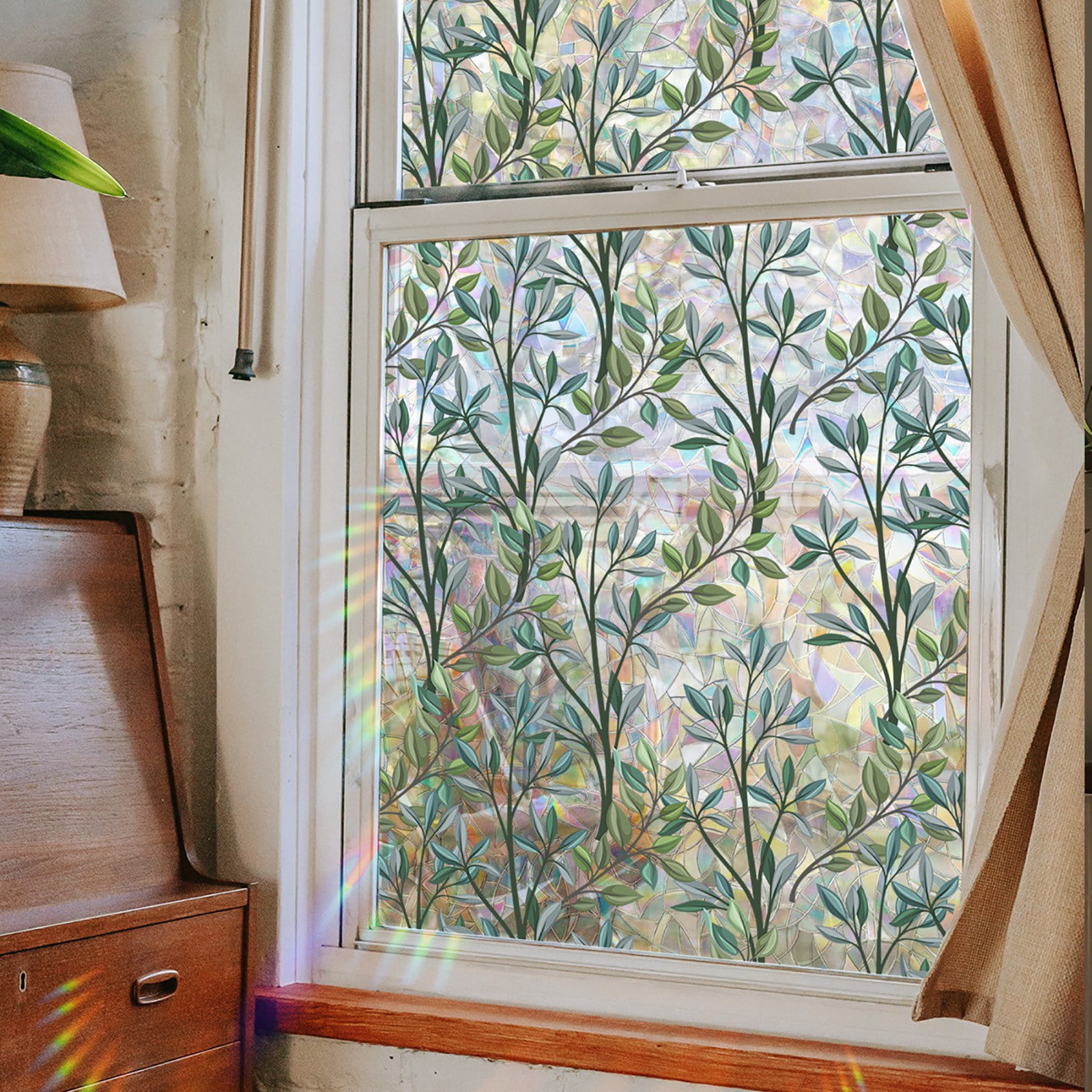 3D Static Cling Window Film Self Adhesive Window Covering Decorative Green Leaves Privacy Film for Window