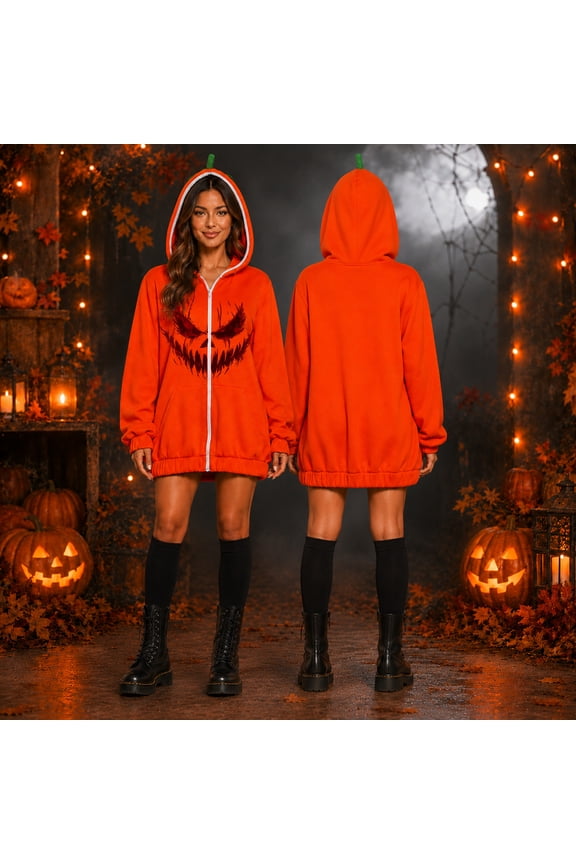 3D Stem Oversized Halloween Sweatshirt, Scary Fangs Pumpkin Face Hooded Zip Jacket, Oversized Halloween Sweatshirt With 3D Stem Hood, Multiple Spooky Graphic Print Holiday Outerwear, Ginger XL