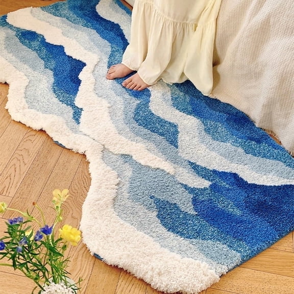 3D Stereo Sea Wave Navy Blue Flocked Bath Rug Runner with Non-Slip Rubber Backing, 1.6x4 ft, Non-Slip, Washable, Plush, Absorbent