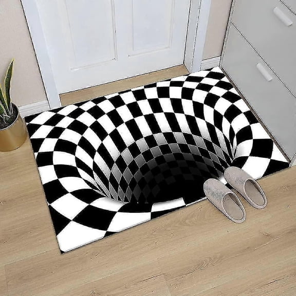 3D Stereo Vortex Optical Illusion Rug, Black White Non-Slip Checkered Area Rug