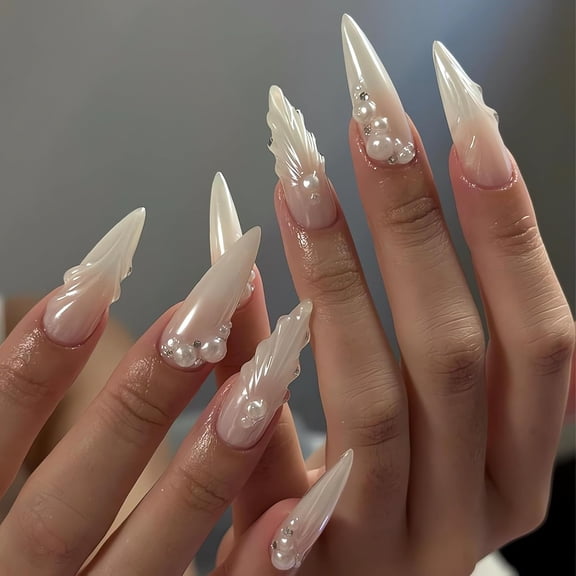 3D Stereoscopic Almond Press on Nails Medium Marine Style Fake Nails with Shell and Star Designs Glossy French Tip Glue on Nails White Pearl Mermaid Nails Stick on Nails for Women 1 style5