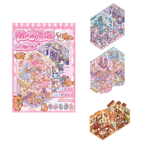 3D Sticker Scene Book - 10 Sets Coffee Shop/Teahouse/Ocean House Scenes, Fun Cute Cartoon Sticker Room Scene Book, Stickers for Adults Stress Relief & Party Activities (Pink)