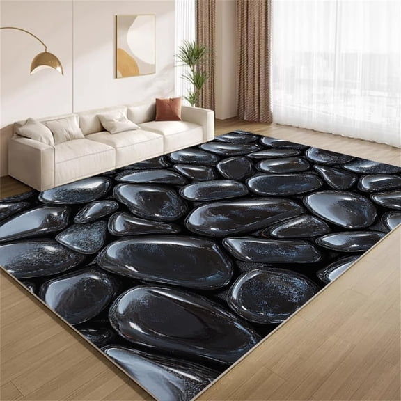 3D Stone Area Rugs, Black Pebbles Texture Carpet, Washable Non Slip Low Pile Soft Rug for Living Room Bedroom Decor Mat 3ftx4ft