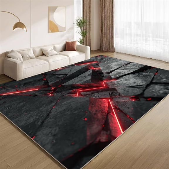 3D Stone Area Rugs, Red Neon Cracked Pattern Carpet, Washable Non Slip Low Pile Soft Rug for Living Room Bedroom Decor Mat 5ftx8ft