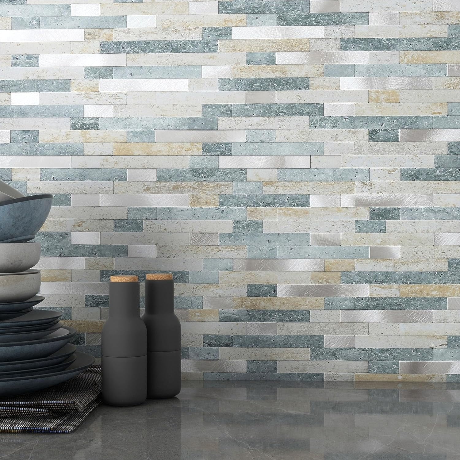 3D Stone Brick Backsplash Tile for Kitchen Peel and Stick Self-Adhesive Wall Tile,Marble Linear Mosaic Tiles Stickers Bathroom Wall Panels Fireplace Vanity (Blue Green Gray,10sheets)