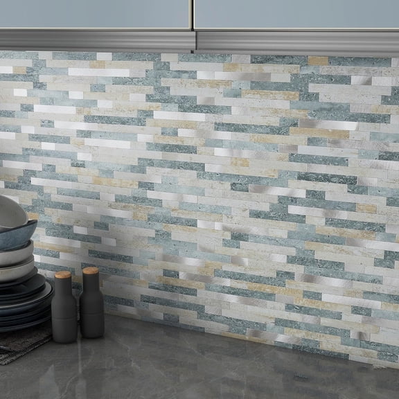 3D Stone Brick Backsplash Tile for Kitchen Peel and Stick Self-Adhesive Wall Tile,Marble Linear Mosaic Tiles Stickers Bathroom Wall Panels Fireplace Vanity (Blue Green Gray,10sheets)