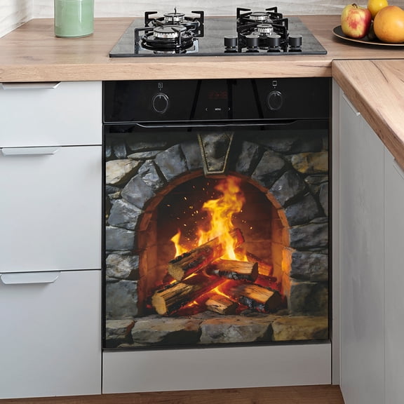 3D Stone Fireplace Wall Sticker, Realistic Burning Logs & Flames Design, Removable Self-Adhesive PVC Decal for Wall, Thanksgiving Day Christmas Decor,22x22 In