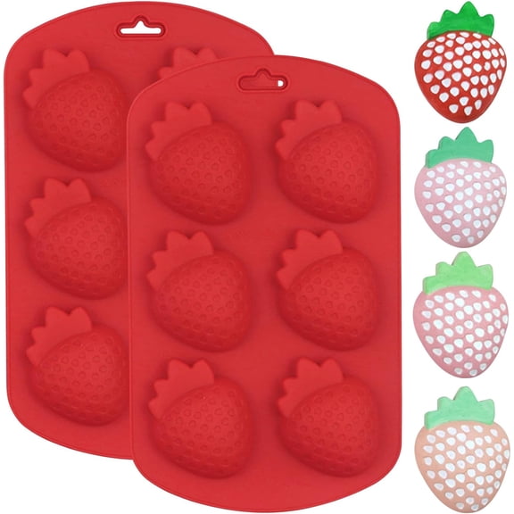 3D Strawberry Baking Mold for Chocolate, 6-Cavity Strawberry Silicone Cake Pan Molds, BPA Free Fruit Snack Molds Silicone for Candle Making Soap Ice Cube Candy Gummy Fondant Jelly, Set of 2, Red
