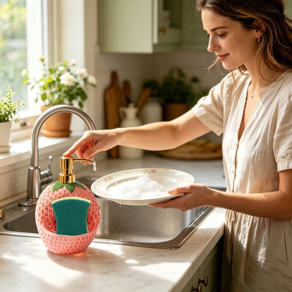 3D Strawberry Ceramic Soap Dispenser With Storage Tray Gold Press Pump Lotion Bottle Hand Painted Liquid Container For Bathroom Kitchen(Pink-18Cm)