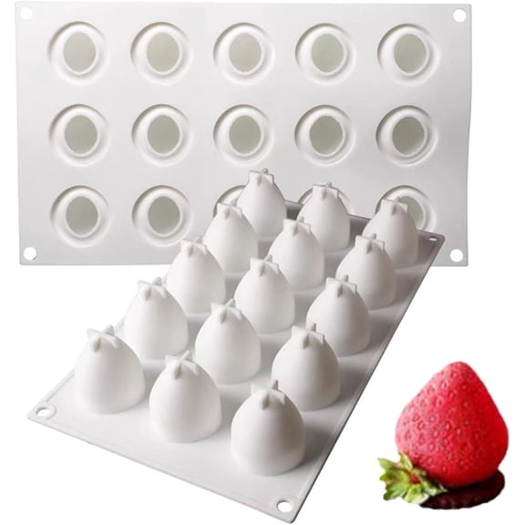 3D Strawberry Shape Silicone Baking Mold for Mousse Cake, French Dessert Mold for Pastry Chocolate, Reusable Non-Stick Easy Release(15-Cavity)