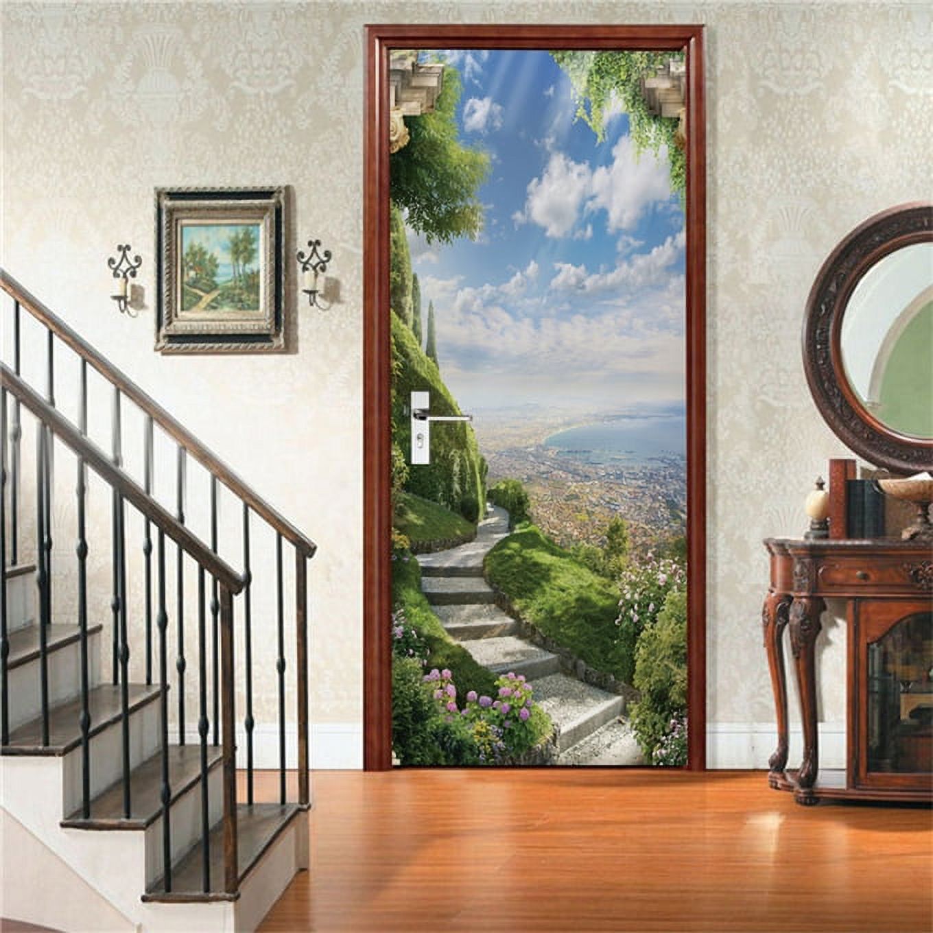 3D Street Scenery Door Stickers City Alley Floral Landscape Wallpaper ...
