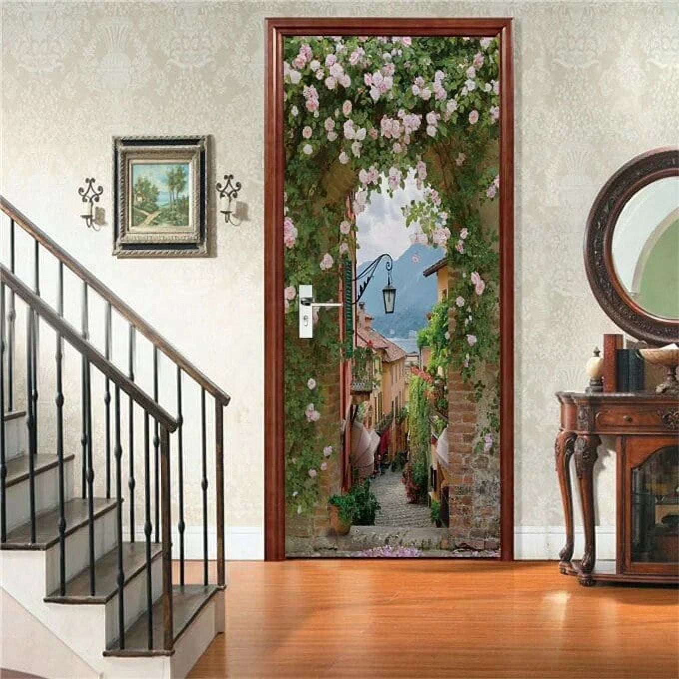 Secenery Sticker Background 3D Street Scenery Door Stickers City Alley Floral Landscape Wallpaper ...