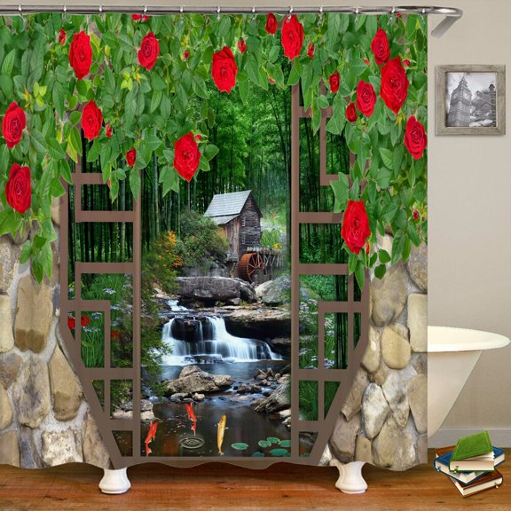 3D Street Window Flower Landscape Printed Shower Curtain With Hook Polyester Waterproof Bathroom Curtain Home Decorate Curtain