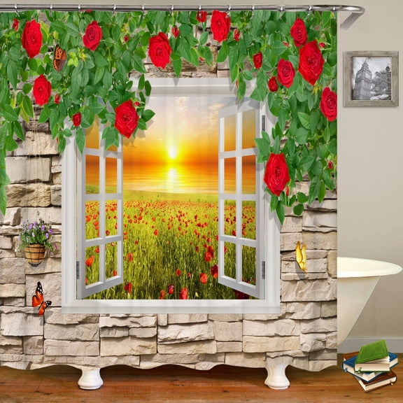 3D Street Window Flower Landscape Printed Shower Curtain With Hook Polyester Waterproof Bathroom Curtain Home Decorate Curtain