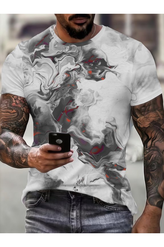 3D Summer New Ink-Style Fluid Gradient Pattern Short-Sleeve Digital Print Design T-Shirt, Trendy Men's Casual Fashion Top