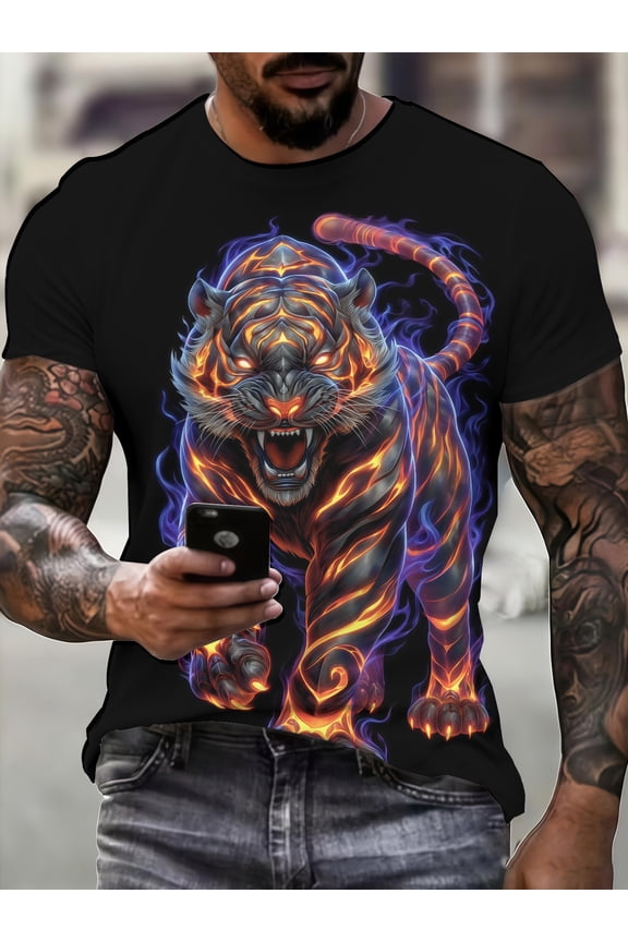 3D Summer New Nether Flame Tiger Art Abstract Pattern Short Sleeve Digital Printing Design T-Shirt Elements Trend Men's Casual Fashion Top