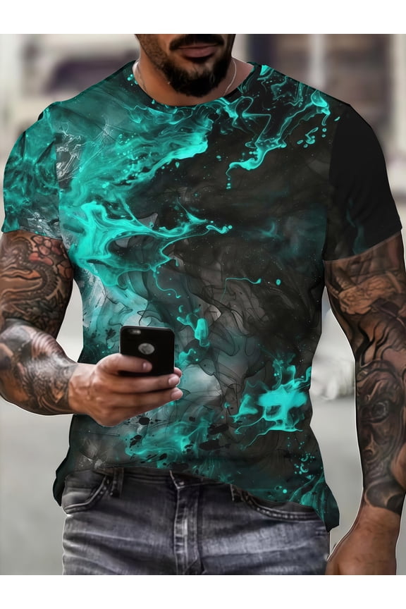 3D Summer New Style Dark Green Ink Art Abstract Pattern Short Sleeve Digital Print Design T-Shirt Trendy Men's Casual Fashion Top