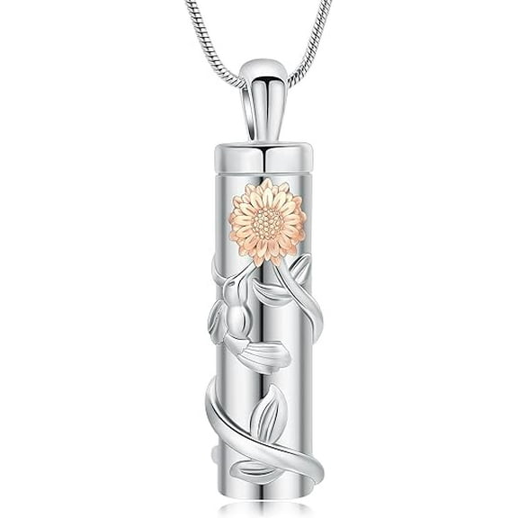 3D Sunflower Cylinder Urn Necklace for Ashes With Hummingbird Cremation Jewelry Ash Keepsake for Women Men Vial Memorial Keepsake Necklace