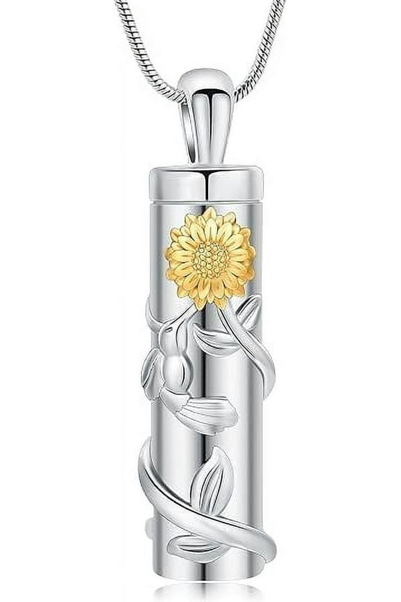 3D Sunflower Cylinder Urn Necklace for Ashes With Hummingbird Cremation Jewelry Ash Keepsake for Women Men Vial Memorial Keepsake Necklace