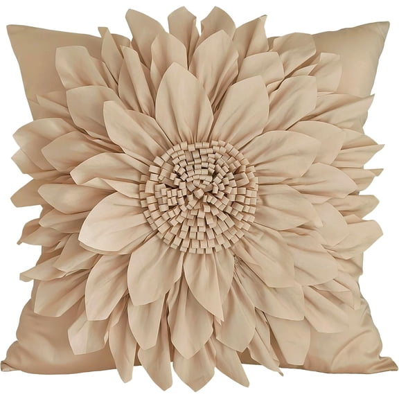 3D Sunflower Decorative Throw Pillow Covers for Bed Sofa Couch Car, Accent Floral Taffeta Cushion Cover, Handmade Pillow Cases Living Room Decor, 17x17 Inch-Beige/Taupe