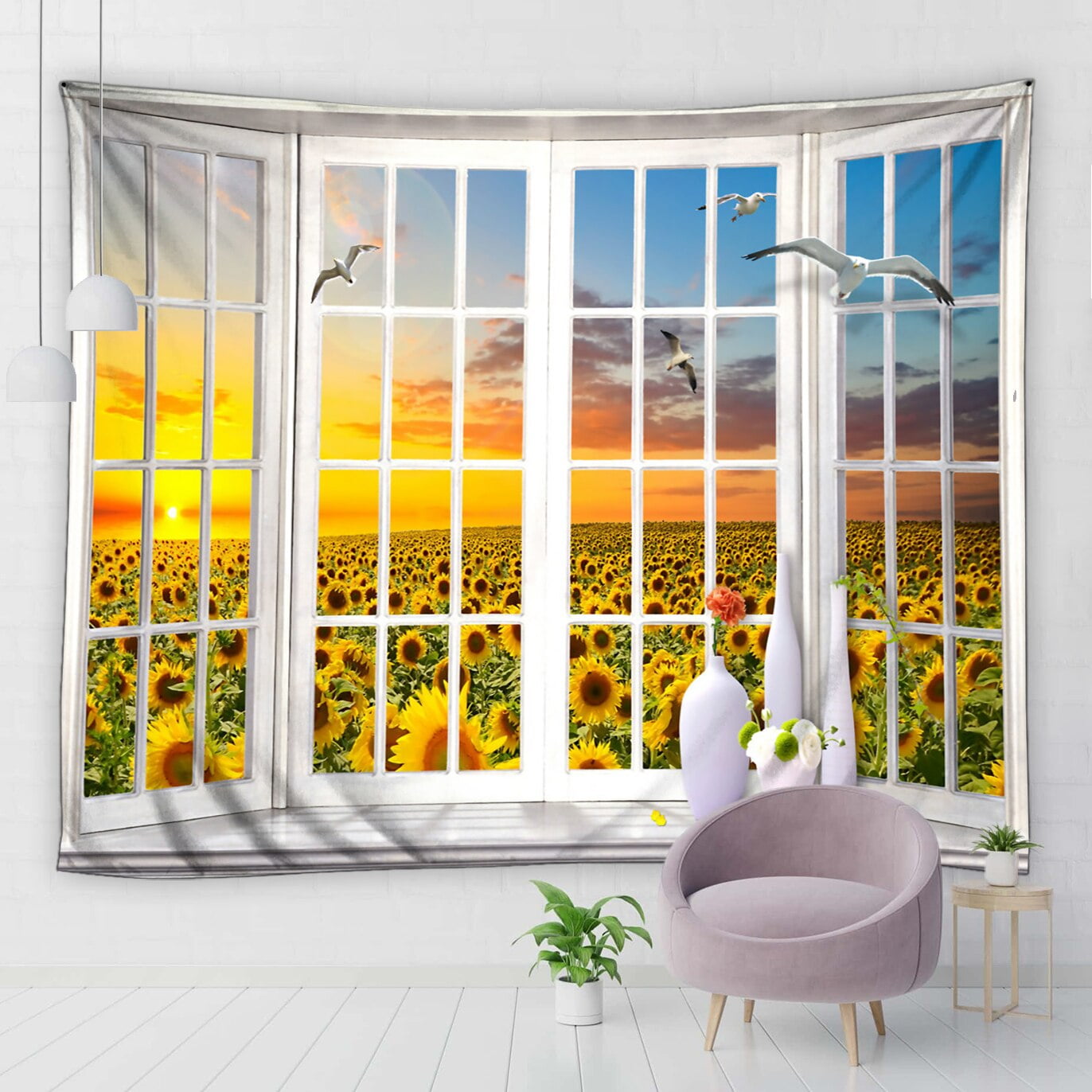 3D Sunflower Field Tapestry Wall Hanging Sun Sea Beach Landscape ...