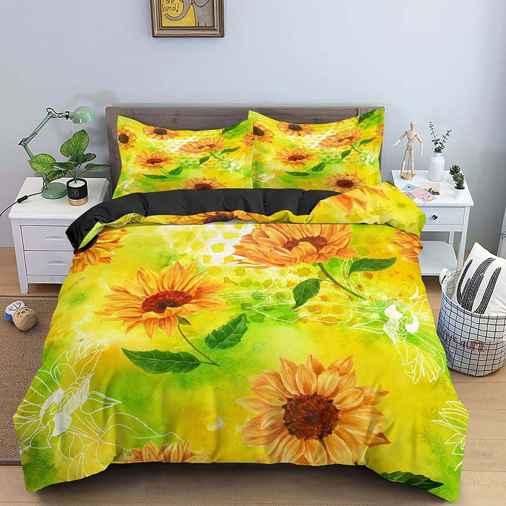 3D Sunflower King Duvet Cover Yellow Flowers Bedding Set Floral Green