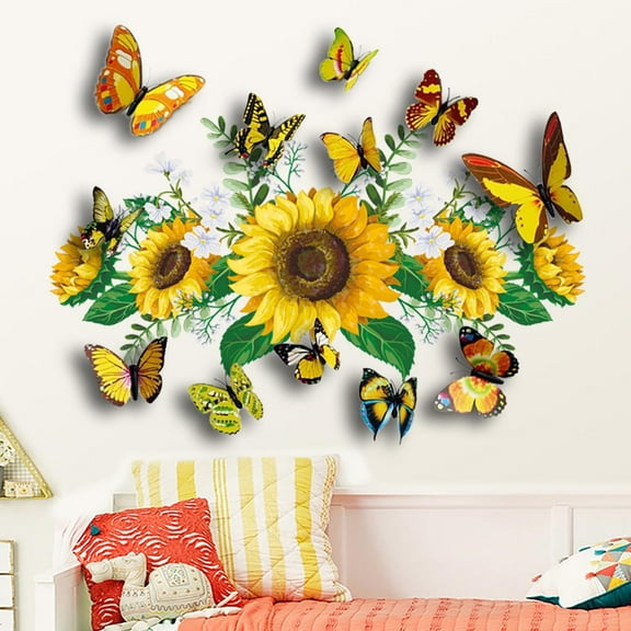 3D Sunflower Wall Decals with Colorful 3D Butterfly Decor - Removable Self-Adhesive DIY Wall Stickers for Bedroom Living Room Kids Room Home Wall Art Decoration
