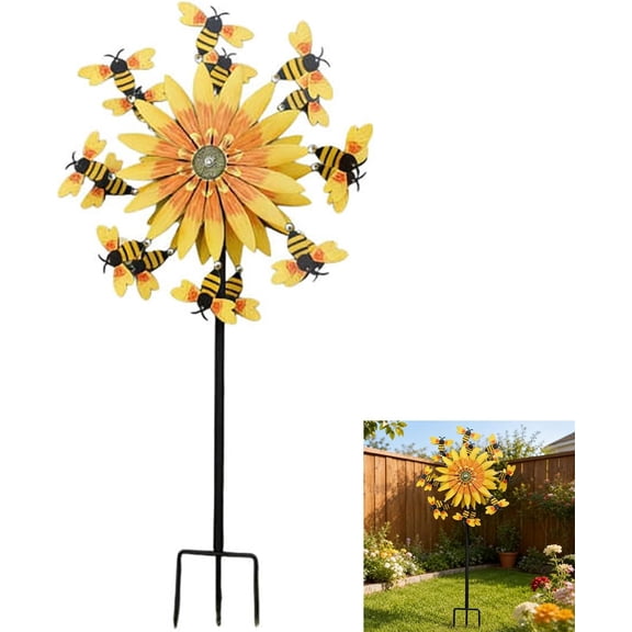 3D Sunflower Wind Spinner with Stake, Kinetic Metal Garden Art with 360° Dual Rotation for Outdoor Lawn Patio Decor(Q)
