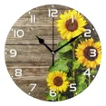 3D Sunflowers Vintage Wood Print Round Wall Clock Silent Wall Watch