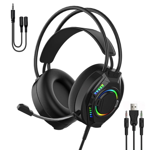 3D Surround Sound Gaming Headset for PC, PS4, PS5, Xbox Series X/S controllers, and mobile devices,Features noise-canceling microphone, LED-lit ear cups, and RGB lighting