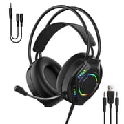 3D Surround Sound Gaming Headset for PC, PS4, PS5, Xbox Series X/S controllers, and mobile devices,Features noise-canceling microphone, LED-lit ear cups, and RGB lighting