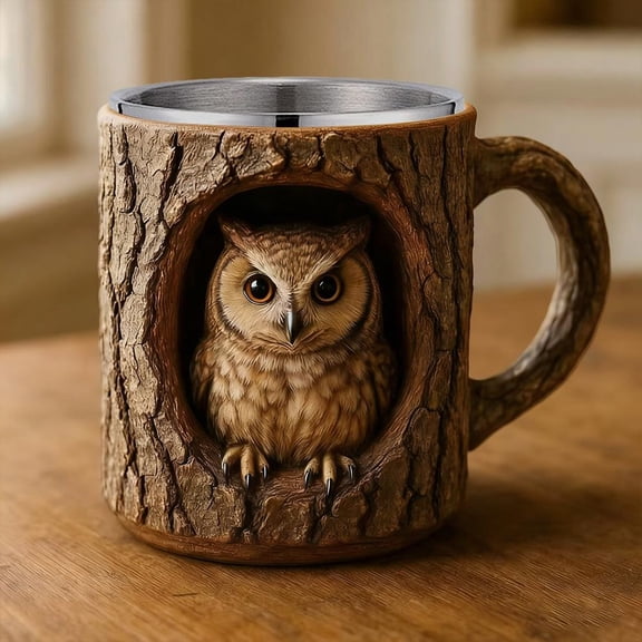 3D Tea Cup 10 Oz,Owl Raccoon Tree Hole Mug Coffee Cup,Owl Coffee Mug,Cute And Funny Animal Resin Mugs,Reusable Drink Cups,Gift For Animal Lovers And Collectors