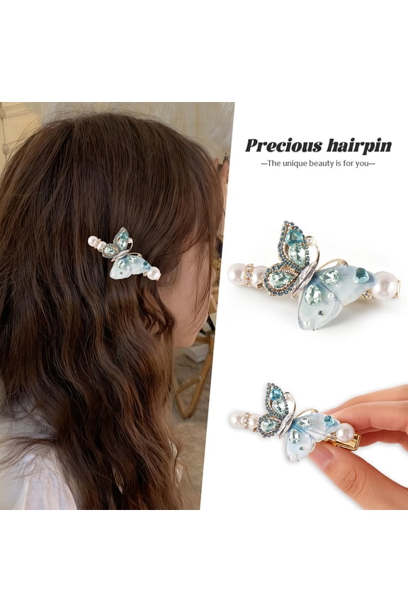 3D Teal Blue Butterfly Hairpin, Delicate Mesh Fabric Wing, Inlaid Crystal Pearl, Anti Slip French Barrette, Wedding Gala, Women