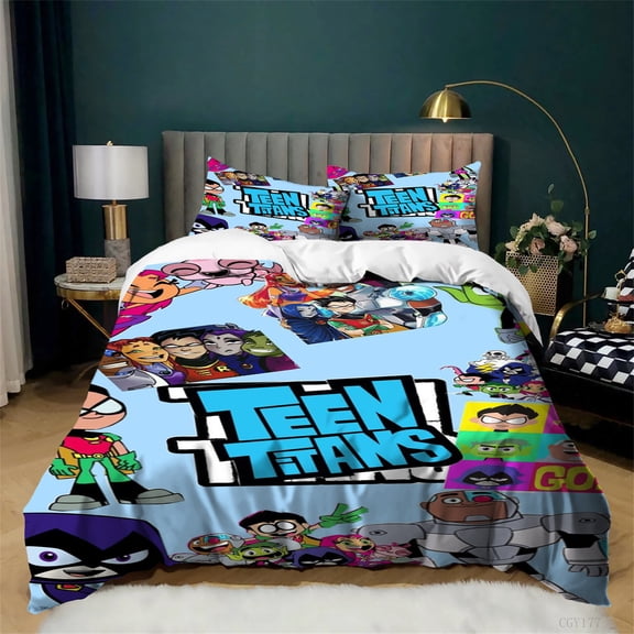 3D Teen_Titans Duvet Cover Set 3pcs Twin Cartoon Soft Bedding Set for Kids Lightweight Quilt Cover with Zipper Closure